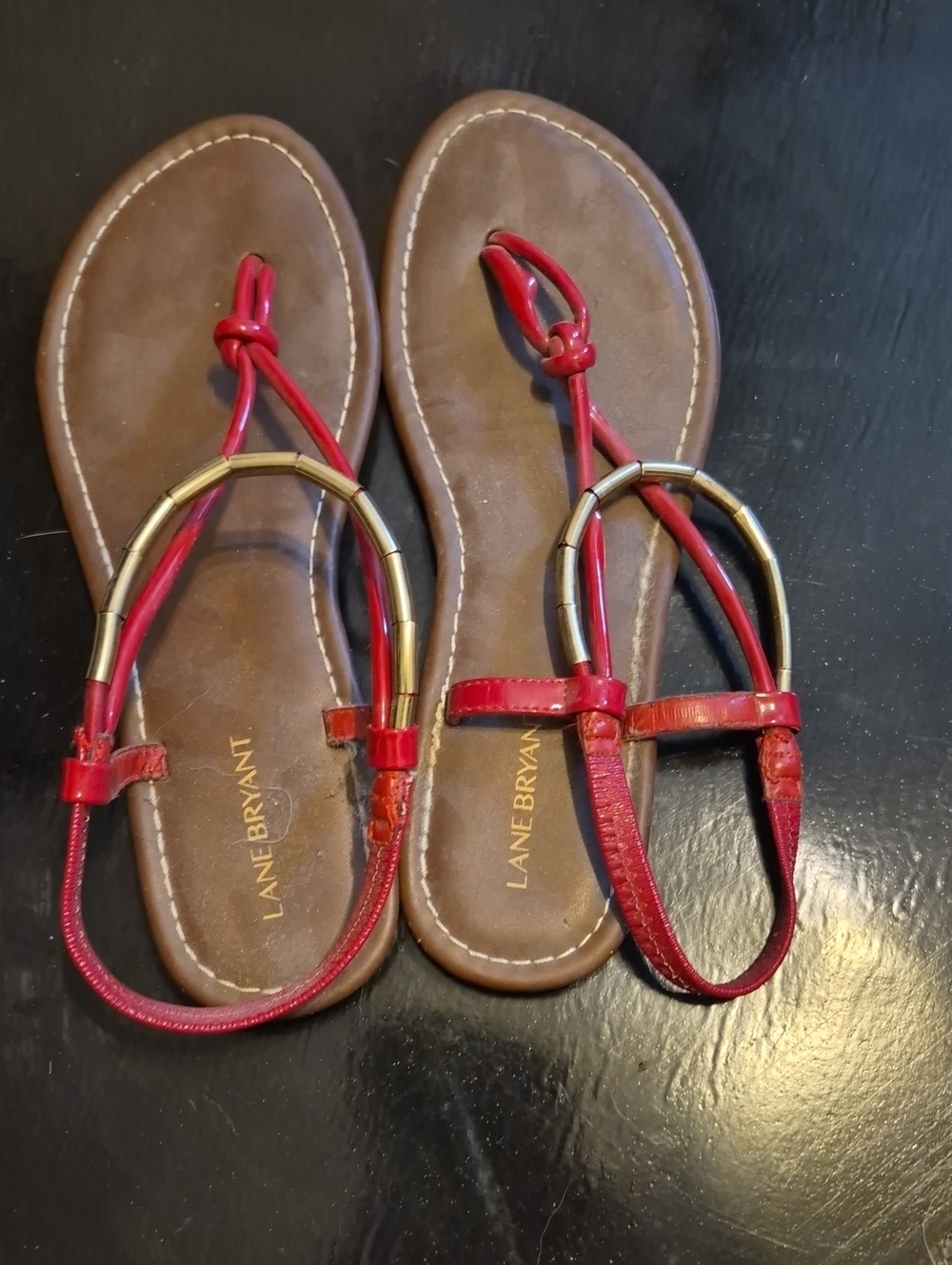 Lane Bryant Red T-Strap Sandals with Gold Accents